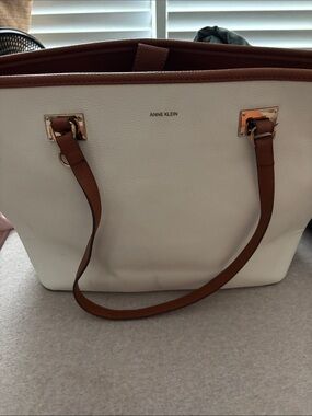 Anne Klein White Tote with Brown Trim and Gold Hardware